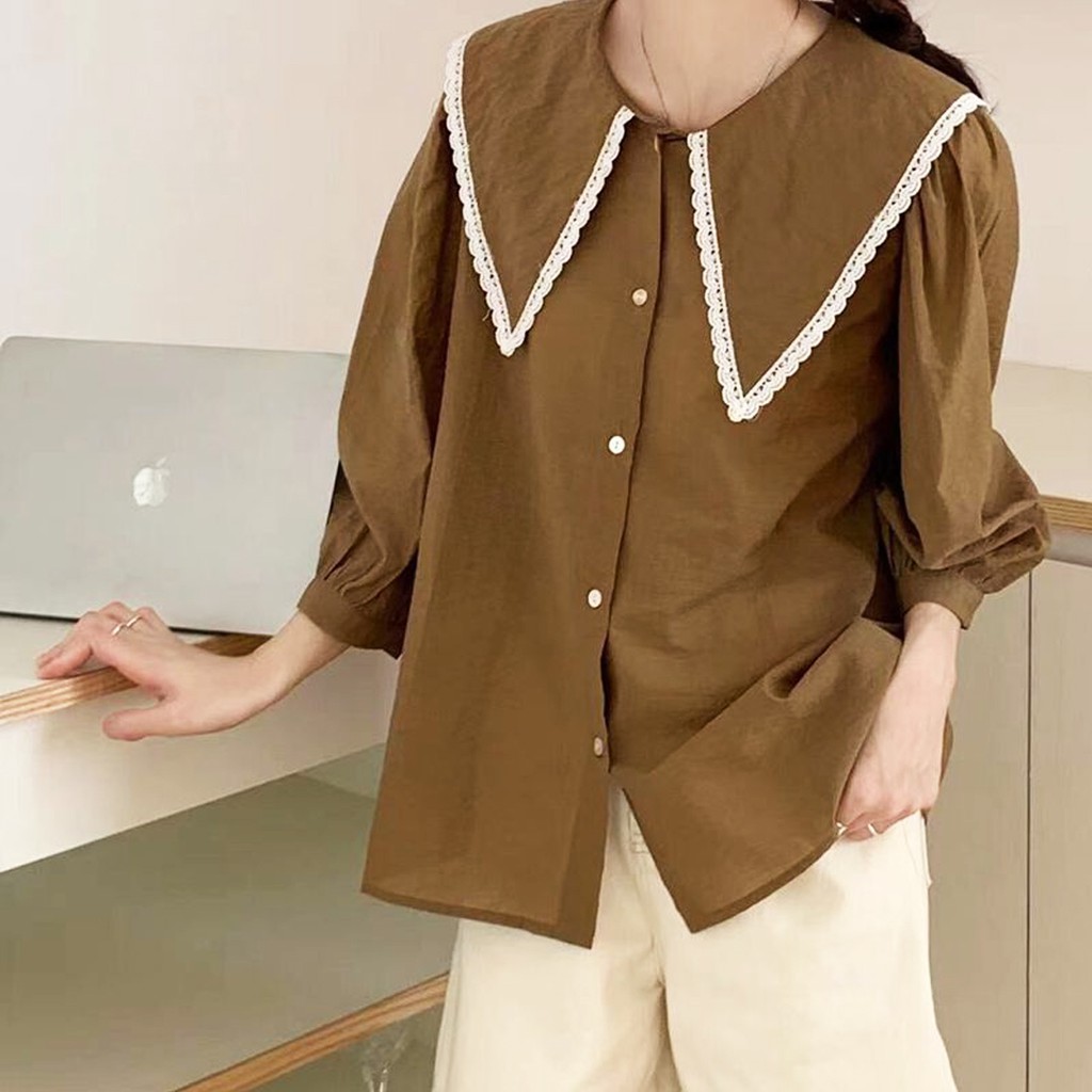 Áo babydoll cổ bèo phối ren tay lỡ màu tây siêu xinh (hàng QC) - Ảnh thật