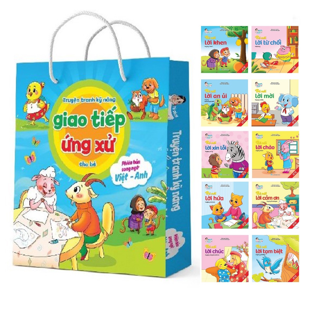 Sách - Truyện tranh kỹ năng giao tiếp ứng xử cho bé phiên bản song ngữ Việt Anh bộ 10 quyển -có File đọc tiếng Anh