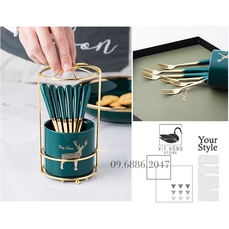 Bộ ống đựng đũa sứ đựng thìa, muỗng cafe, nĩa trái cây cao cấp kèm khung thép
