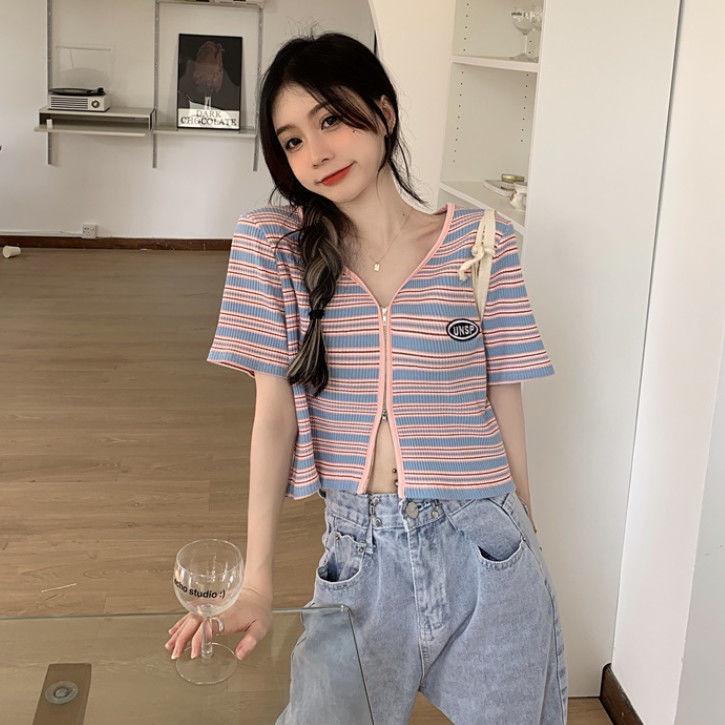 Áo Cardigan ngắn tay kẻ sọc phối dây xích thời trang mùa hè cho bé gái