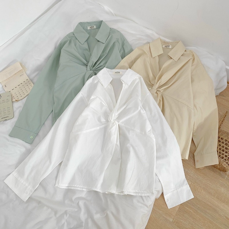 [Ảnh thật/Sẵn/Video]Áo sơmi thô xoắn ngực style Ulzzang | BigBuy360 - bigbuy360.vn