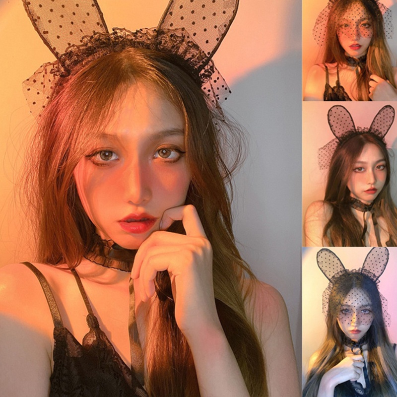 Băng Đô Cài Tóc Tai Thỏ Vải Lưới Phối Mạng Che Mặt Hóa Trang