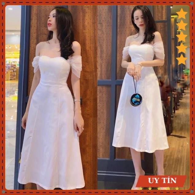 Đầm dự tiệc trắng Midi trễ vai phi phối lưới Eva_home_fashion | BigBuy360 - bigbuy360.vn