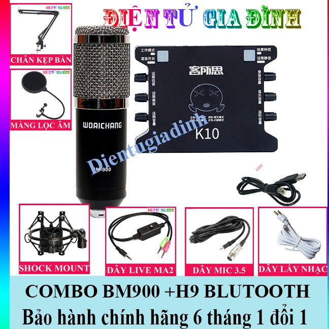 COMBO Bộ Mic Livestream Hát Karaoke WOAICHANG BM900, Dây Live XOX K10,  Âm BH 6 Tháng, chân kẹp bàn 