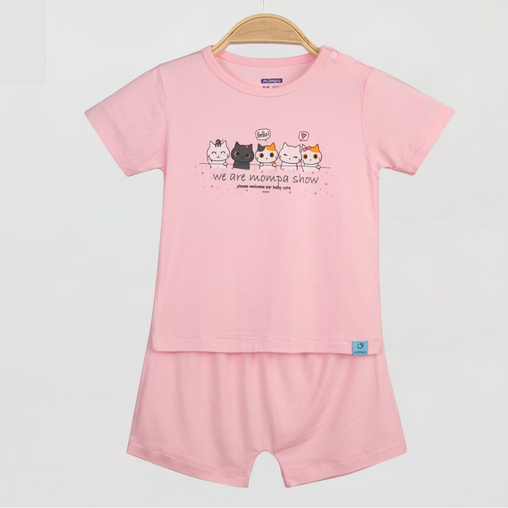 Bộ Cộc Cài Vai Mompa Bamboo Mèo Hồng - Quần Áo Bé Gái (Size Từ 6 - 9 Tháng Đến 3 Tuổi)