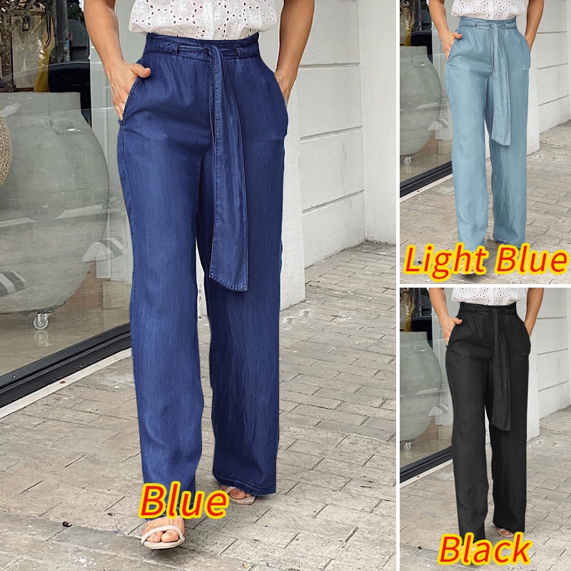 Quần Dài ZANZEA Ống Rộng Lưng Thun Dây Rút Màu Trơn Đơn Giản Thời Trang Cho Nữ