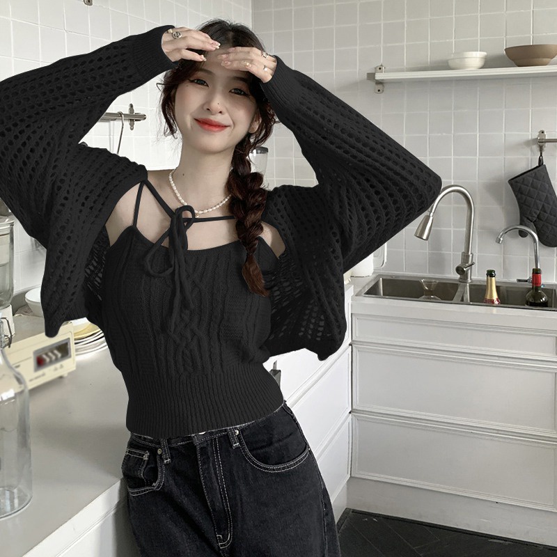 Set Áo Hai Dây + Áo Khoác Cardigan Dài Tay Màu Sắc Đơn Giản Cho Nữ