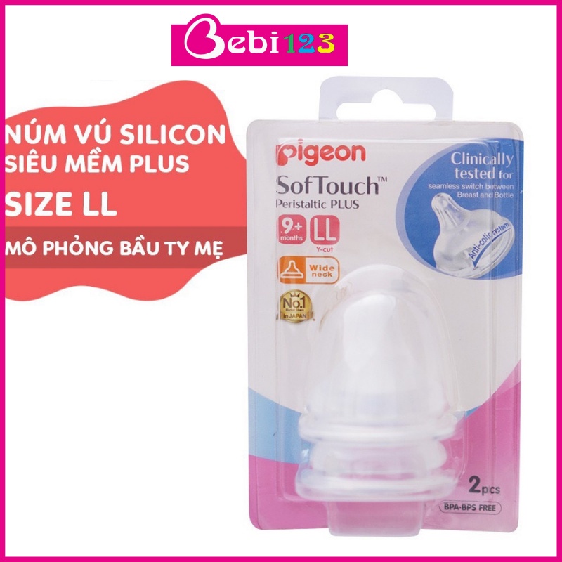 Set 2 núm ty vú Pigeon Plus cổ rộng silicon siêu mềm size S, M, L, LL, LLL cho bé