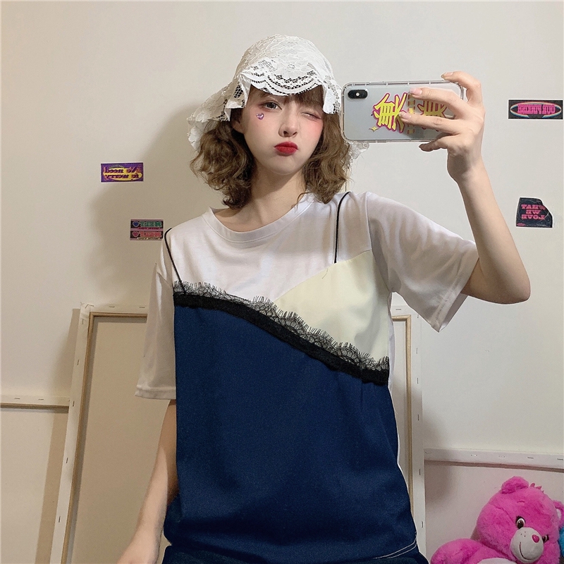 SUXI French Top Splicing Fashion Round Neck Cotton Short Sleeve Women's T-Shirt