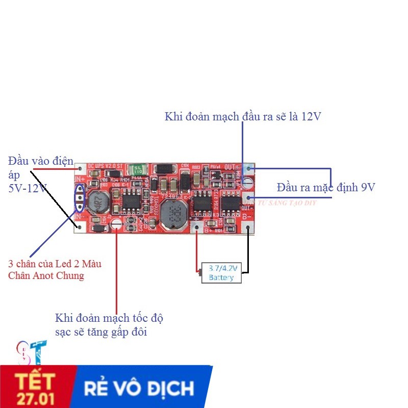 Mạch Chuyển Nguồn Tự Động, lưu điện UPS 9V/12V 12W