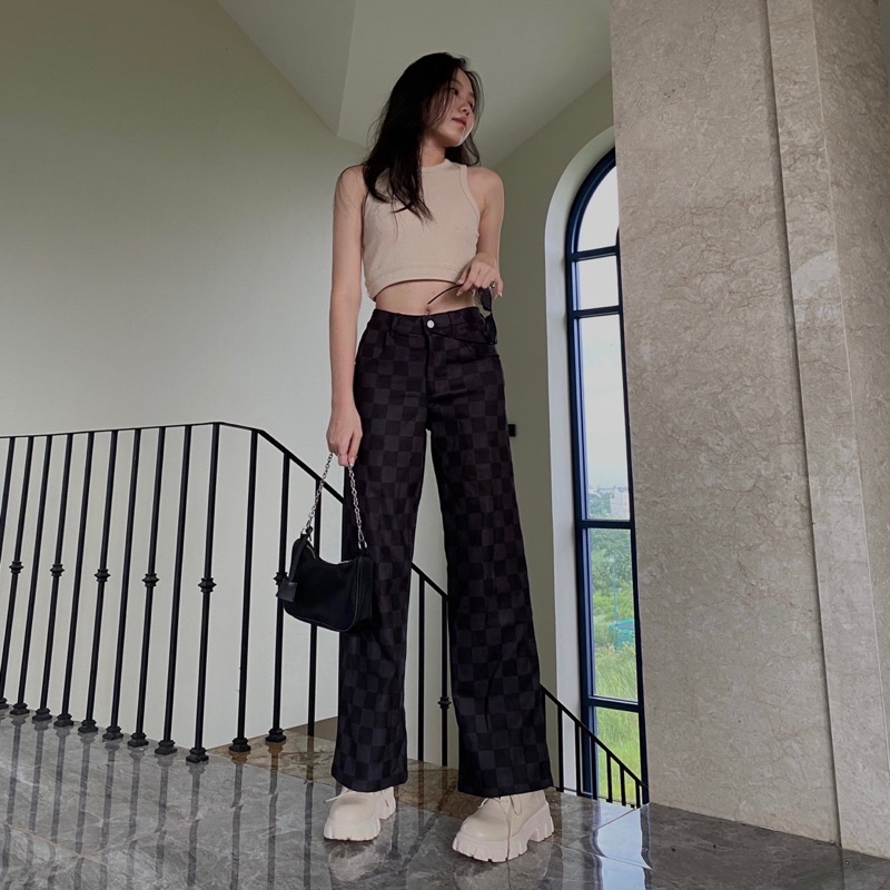 Quần ống rộng kẻ caro ô vuông đen
