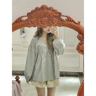 Áo kẻ babydoll tiểu thư ảnh thật