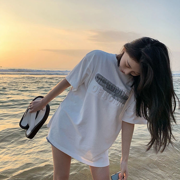 Áo Thun Tay Ngắn Dáng Rộng In Chữ Màu Xám Đậm Thời Trang Mùa Hè Hàng Mới Dành Cho Bạn Nữ 2021