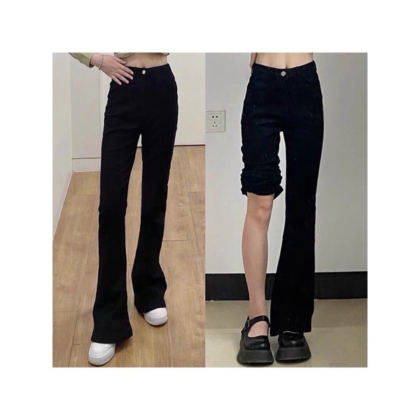 Quần bò jeans nữ ống loe rộng xuông đứng, jeans cạp cao xẻ gấu co dãn | BigBuy360 - bigbuy360.vn