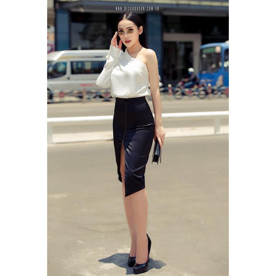 Áo váy kiểu áo tay dài lệch vai váy bút chì dây kéo trước