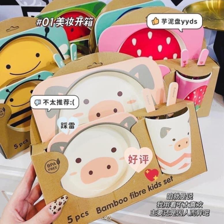 [FreeShip]  Bộ Bát Ăn Dặm Nhiều Hình Kute Cho Bé 5 Món Khay, Bát, Cốc, Thìa, Dĩa