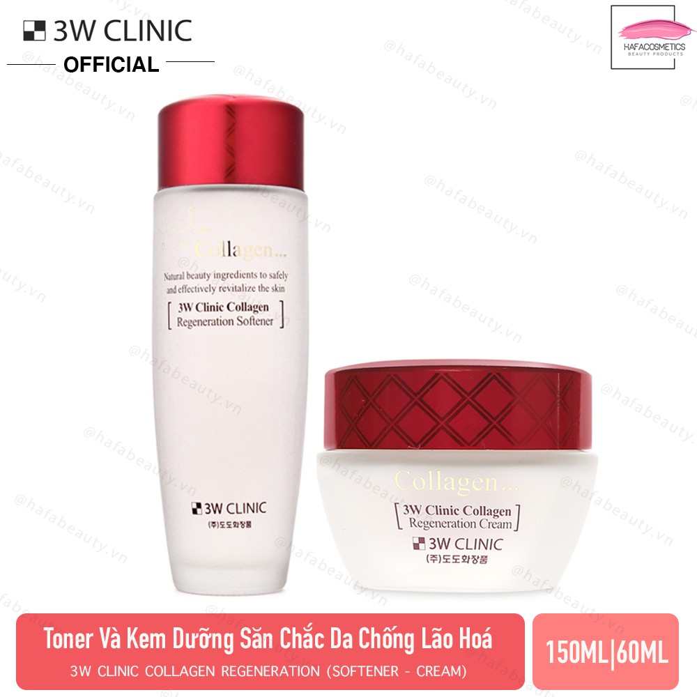 Combo Nước hoa hồng &amp; Kem dưỡng trắng, chống lão hoá 3W Clinic Collagen Regeneration (Softener 150ml + Cream 60ml)