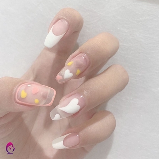 [Hàng mới về] Set 24 móng tay giả màu hồng đào công chúa kiểu Pháp trang trí trái tim không thấm nước có keo