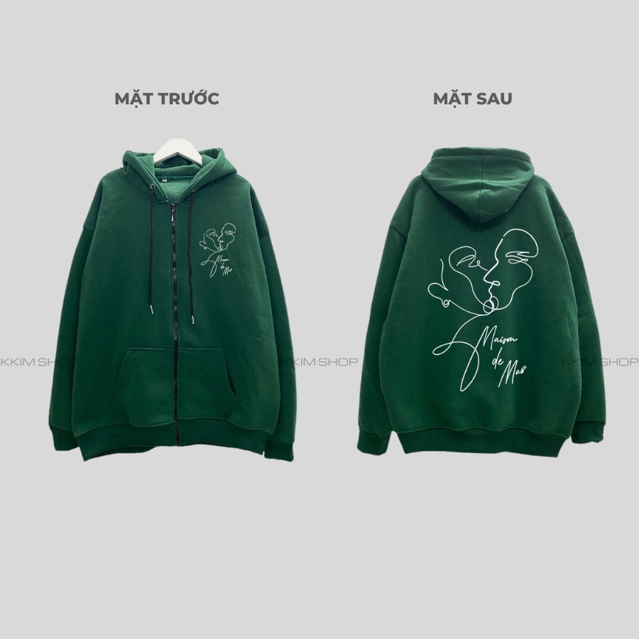 Áo Nỉ HOODIE ZIP Line Art 2 Faces màu XANH LÁ, Áo khoác hoodie dây kéo unisex nam nữ form rộng oversize nỉ bông cao cấp