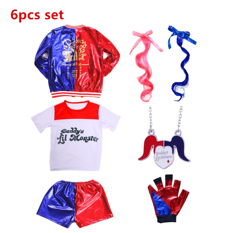 Harley Quinn Child Dress Girl Cosplay Suicide Squad Halloween Clown Jacket Quần short Phụ kiện đầy đủ