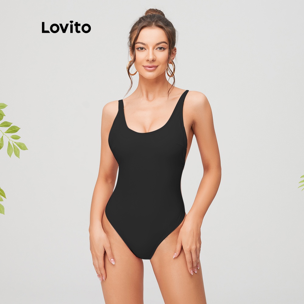 (Gợi ý từ KOL) Đồ bơi Lovito một mảnh hở lưng gợi cảm L11114 (màu đen/hồng)