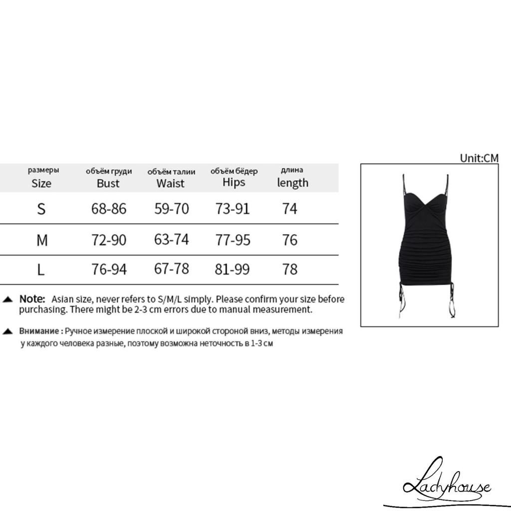 LD-Women Ribbed Slip Dress, Adults Sleeveless Ruched V-Neck Spaghetti Strap Side Drawstring High Waist One-piece