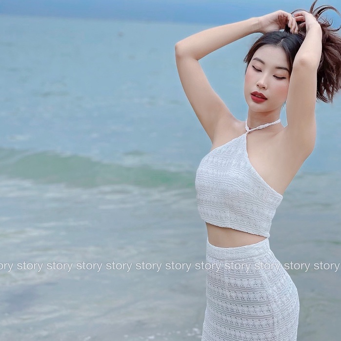 STORY Kamo Set ren thêu áo yếm và chân váy trắng body đi biển dạo phố quyến rũ thời trang nữ
