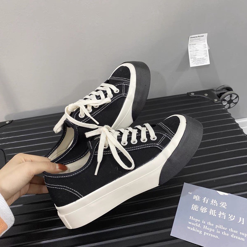 Giày nữ đế bằng bánh mì basic độn đế 4cm vải canvas bata mới hot phong cách retro ulzzang đẹp cá tính, Sneaker nữ 2021