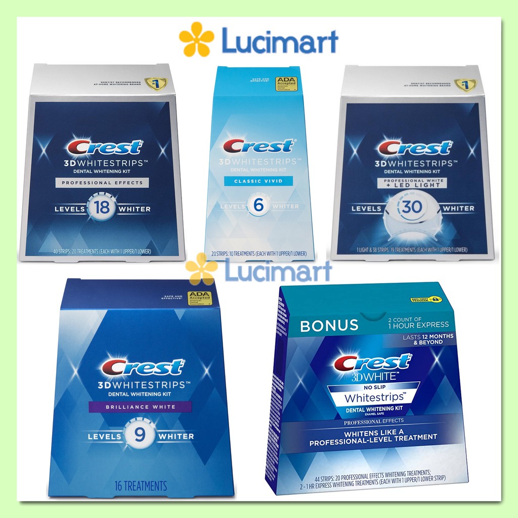 Miếng dán trắng răng Crest 3D White Whitestrips, Fullbox đủ loại