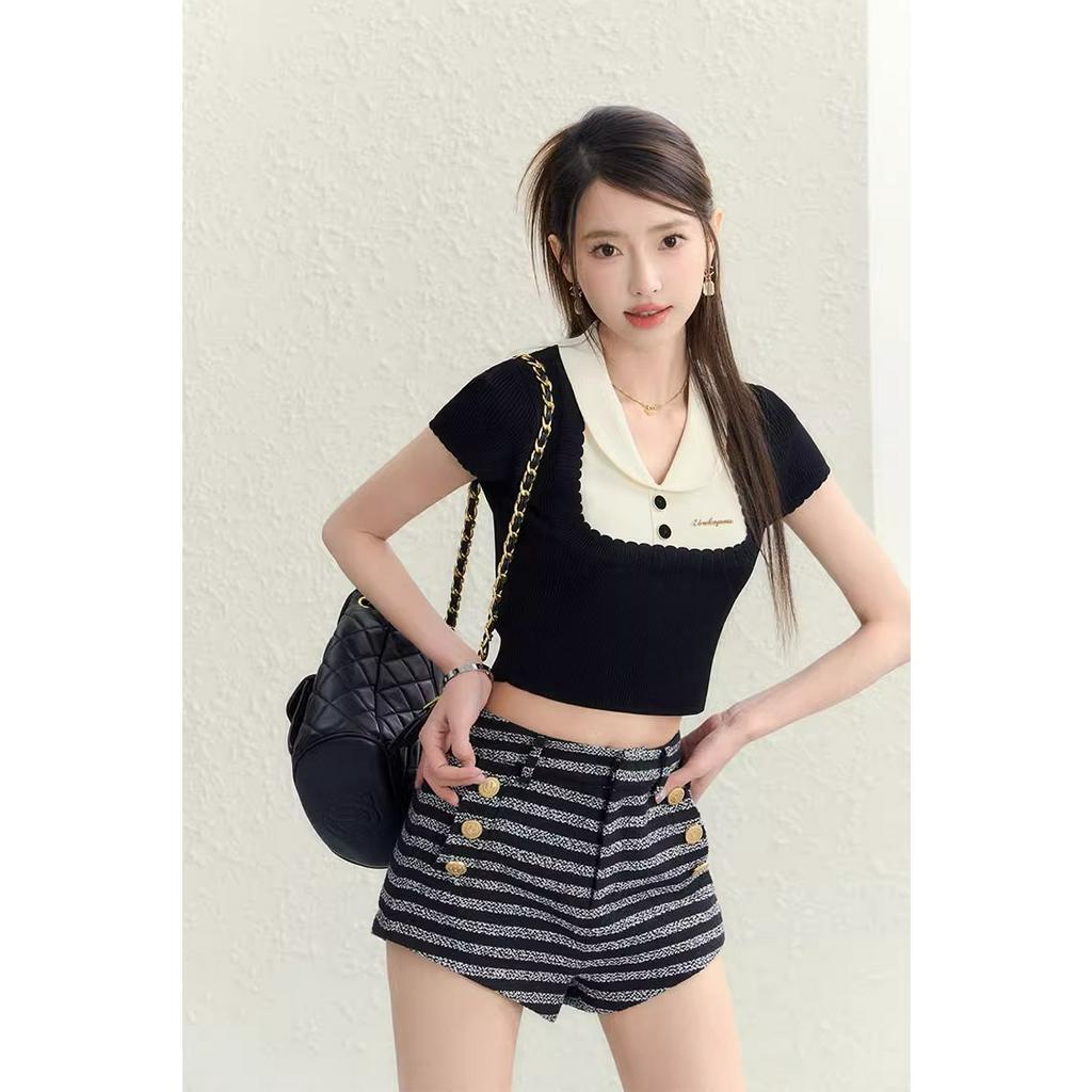 Áo Thun Croptop Dệt Kim Tay Ngắn Cổ Polo Dáng Ôm Thời Trang Mùa Hè Cho Bạn Gái