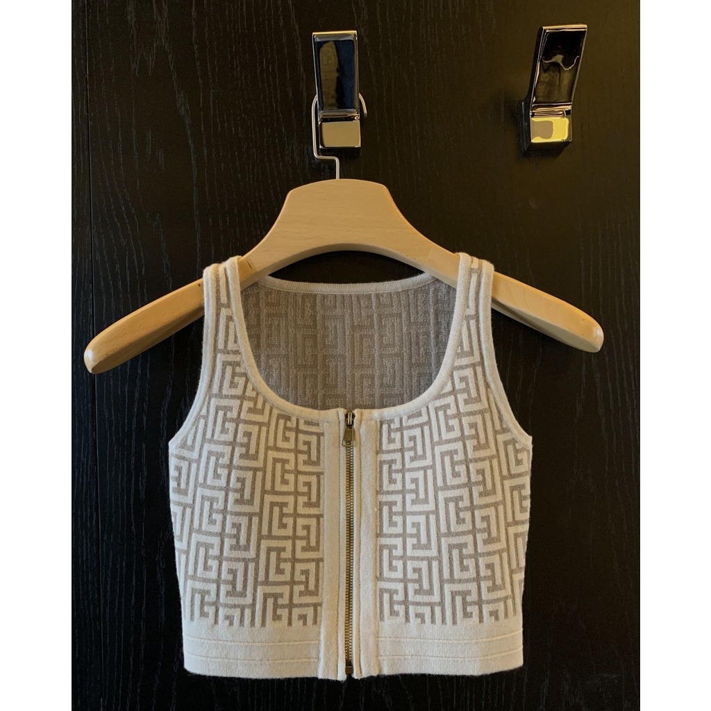 Jacquard zipper sling vest female designer short sleeveless sweater 2022 new U-collar t-shirt