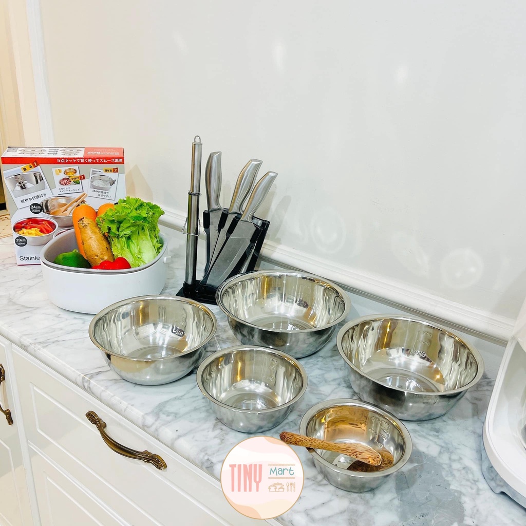 SET 5 CHẬU INOX CÓ VẠCH CHIA NƯỚC SIÊU TIỆN ÍCH