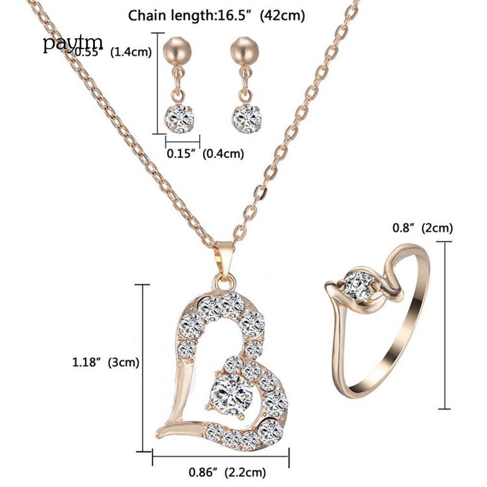 Bộ Vòng cổ + Nhẫn + Đôi Bông Tai Hình Trái Tim Đính Đá Thời Trang Dành Cho Nữ