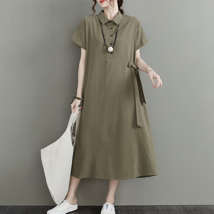 Váy sơ mi cộc tay dáng dài, Váy linen cao cấp che khuyết điểm tôn dáng D61