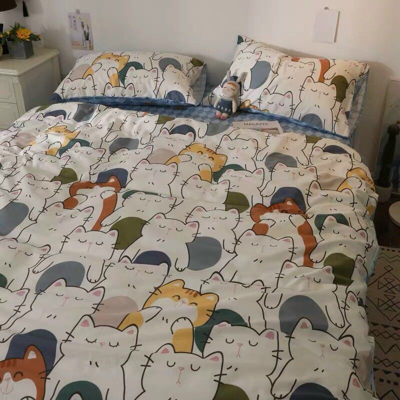 Bộ chăn ga gối cotton poly Mèo ngủ gật