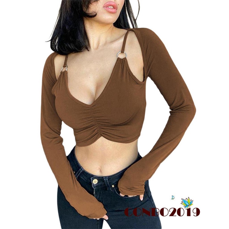 Áo Croptop Tay Dài Cổ Chữ V Màu Trơn Thời Trang Mùa Hè Cho Nữ