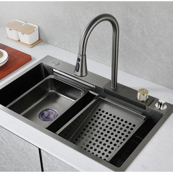 Chậu rửa chén một hố lớn inox 304 phủ Nano Đen Cao Cấp 75 x46 GỒM VÒI THÁC NƯỚC