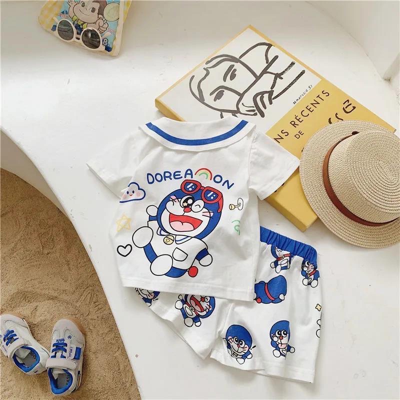 Váy / Set đồ phối trắng xanh hoạ tiết Doraemon cho bé gái &amp; bé trai (Cao 90-140cm, nặng 10-30kg) N00867