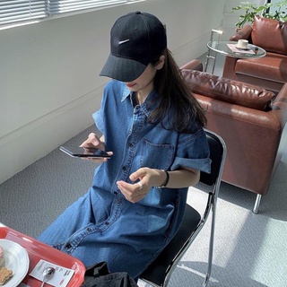 Đầm sơ mi vải denim dáng rộng tay ngắn thời trang mùa hè phong cách retro dành cho phái nữ