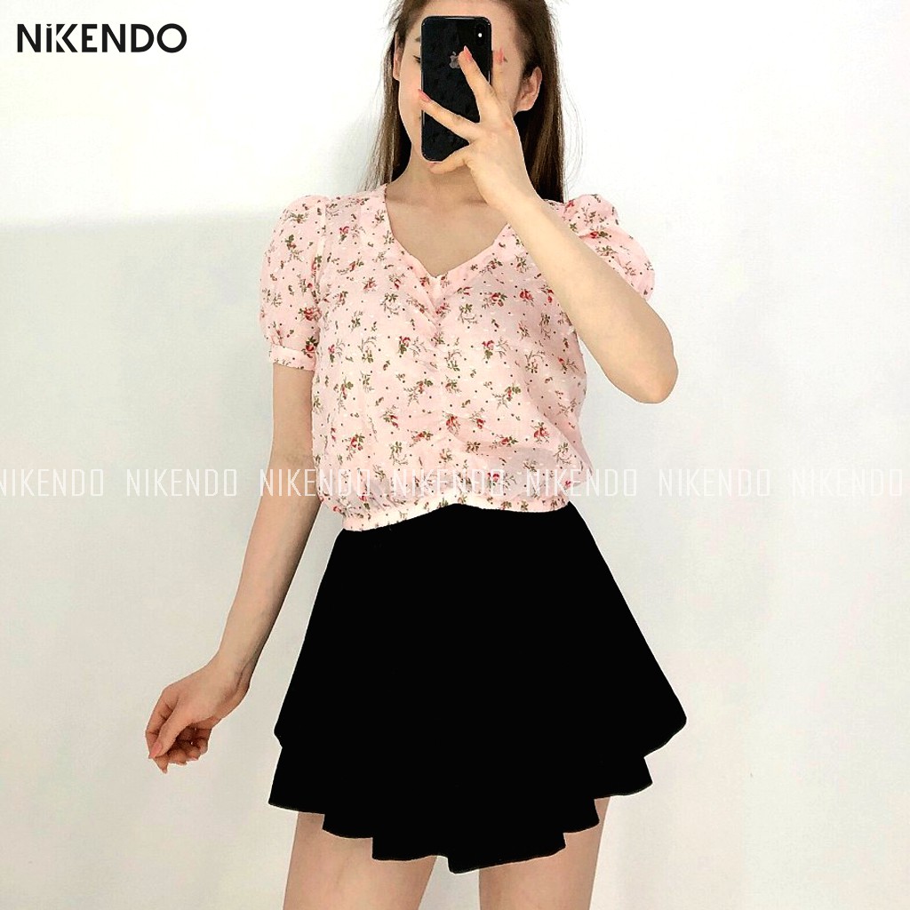 Áo Croptop NỮ Ôm Body Tay Phồng Nhún Ngực Cổ Vuông Hoa Nhí Chất Vải Boi 100% Cotton