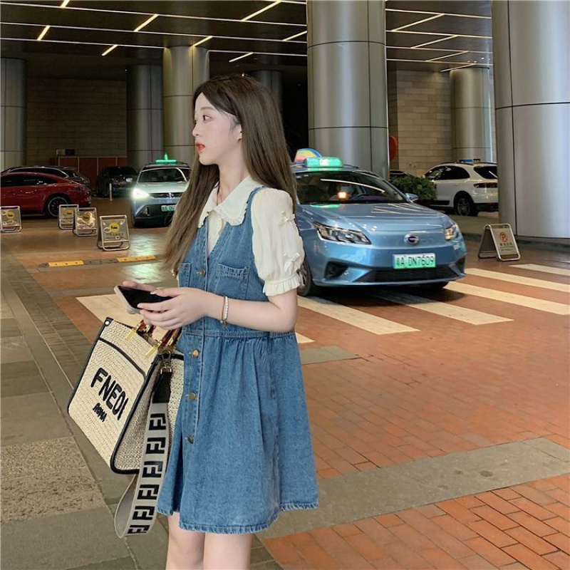 Đầm Yếm Denim Mỏng Thời Trang Mùa set yếm váy yếm bò nữ đầm Set Đầm Tay Phồng Chất Liệu Denim Phong Cách Hàn Quốc