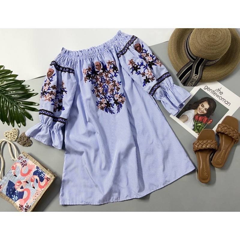 🌼Đầm suông hoa thêu phối kẻ bẹt vai ( 108 )
