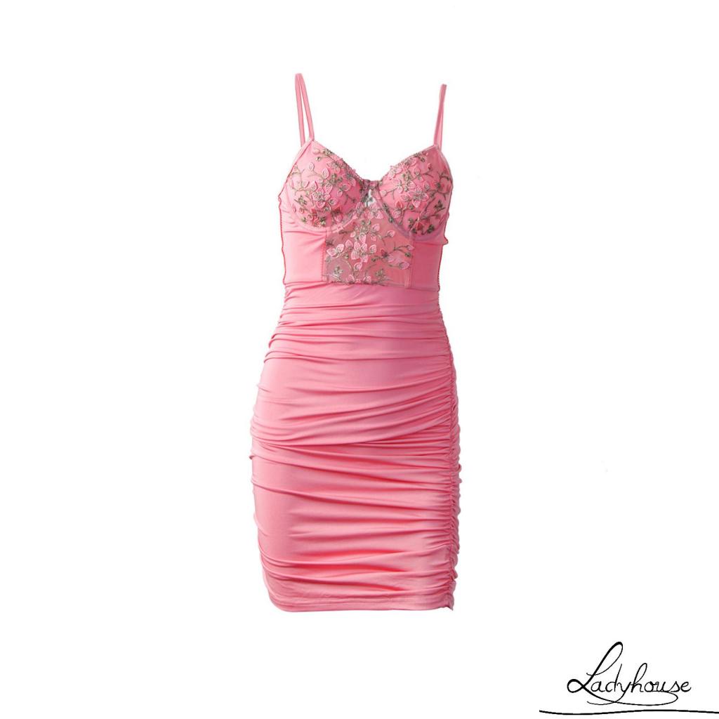 Ldd-Váy body Hai Dây Rút Dây Họa Tiết Hoa Xuyên Thấu Gợi Cảm Cho Nữ