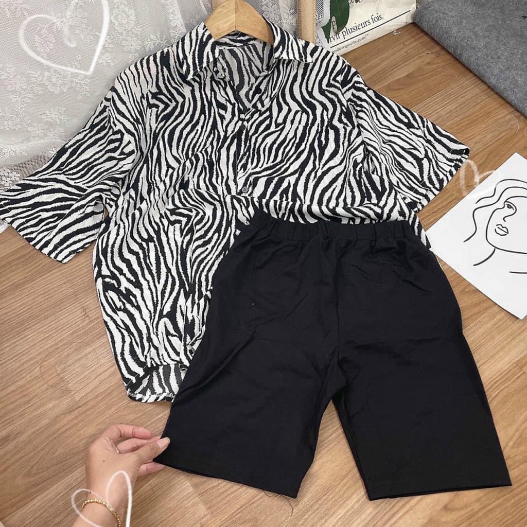 Set Áo sơ mi nữ họa tiết da beo, ngựa vằn + quần short ngố,Có size to XL (Size S M L XL) | BigBuy360 - bigbuy360.vn