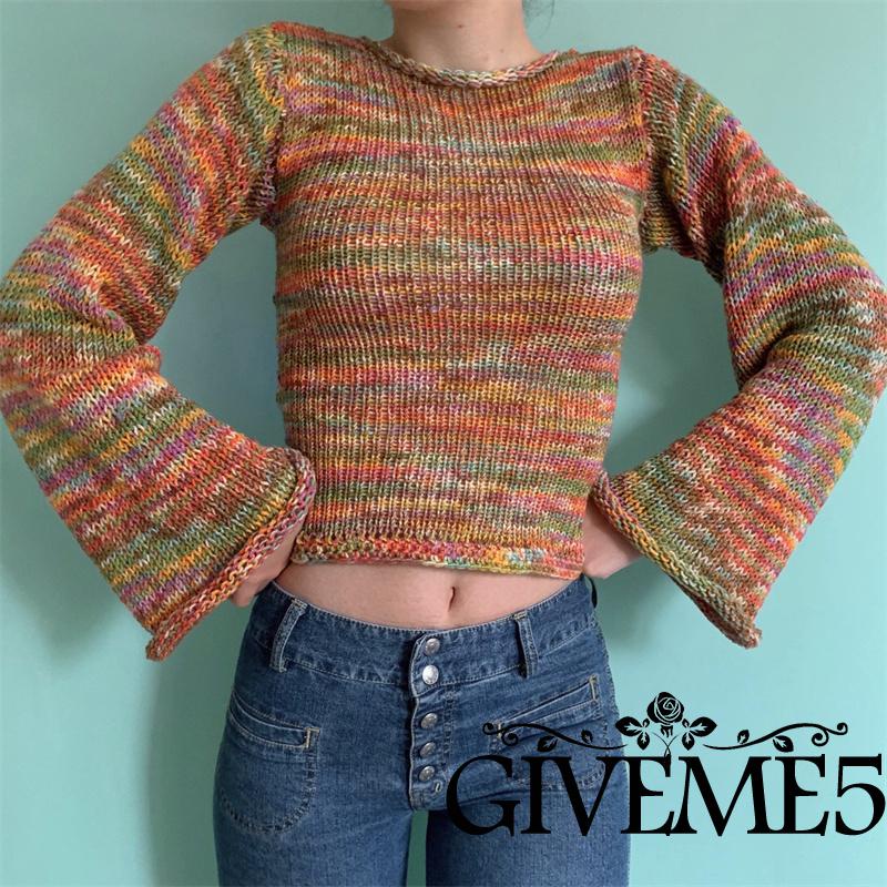 Áo sweater dệt kim tay dài cổ tròn màu sắc cầu vồng thời trang mùa thu cho nữ