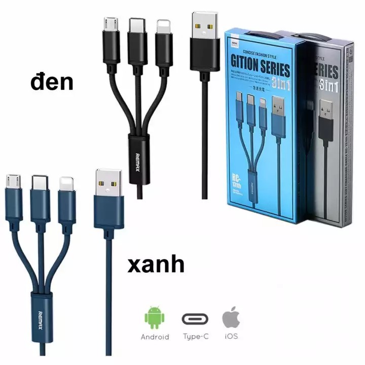 Dây Sạc 3 Đầu Remax RC-131TH Chính Hãng -Cáp Sạc Đa Năng 3 IN 1 Dây Dù chống đứt sạc hầu hết các dòng máy - Bảo hành 12T