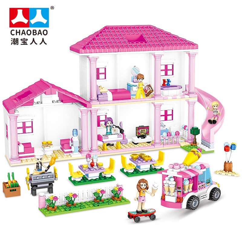 Lego con gái lắp ghép lâu đài biệt thự cầu trượt và xe 3D-708 miếng ghép