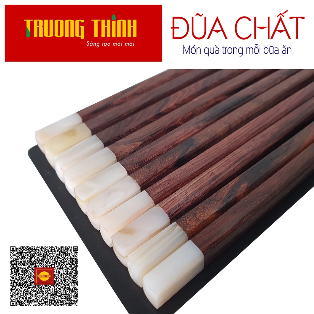 Đũa Gỗ Trắc Vân Đầu Gắn Ngọc Trắng - Hộp Màu Đen - 10 Đôi Vuông