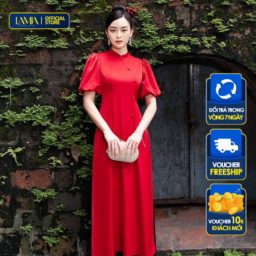 Áo dài truyền thống Lamia Design AD080 lụa latin màu đỏ ánh vang sang trọng