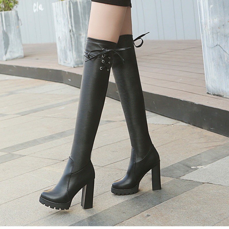 Giày bốt da co giãn cao qua gối phối gót dày cao chống thấm nước thời trang thu đông 2023 cho nữ